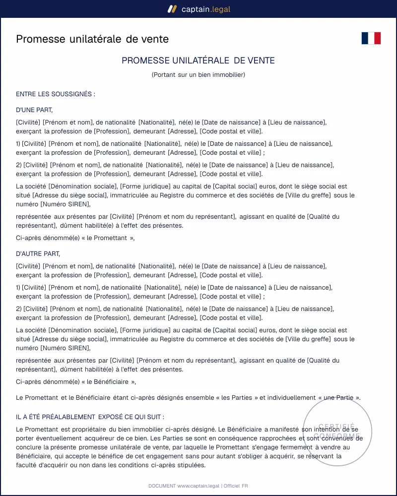 Promesse unilatérale de vente (art. 1124 Code civil)
