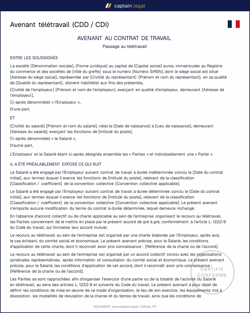 Avenant télétravail conforme à l'article L1222-9
