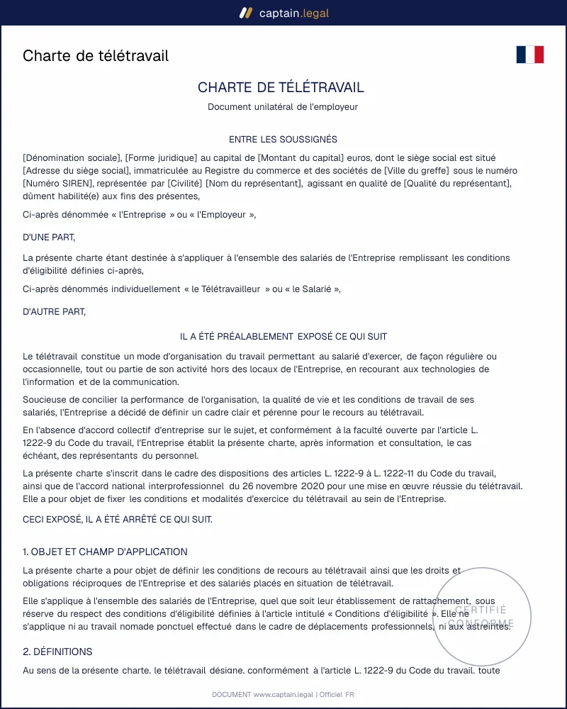 Charte de télétravail : modèle conforme L1222-9