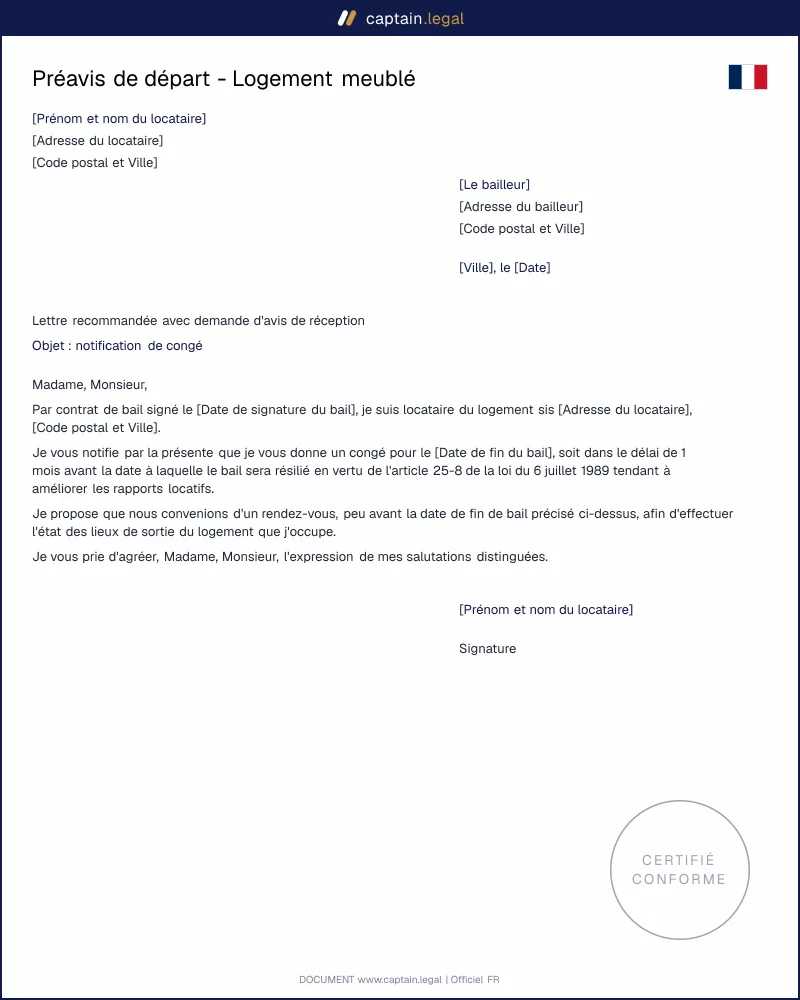 Préavis de départ du locataire- Meublé