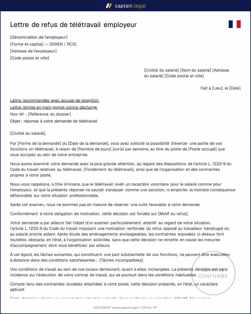 Lettre de refus de télétravail employeur (art. L1222-9)