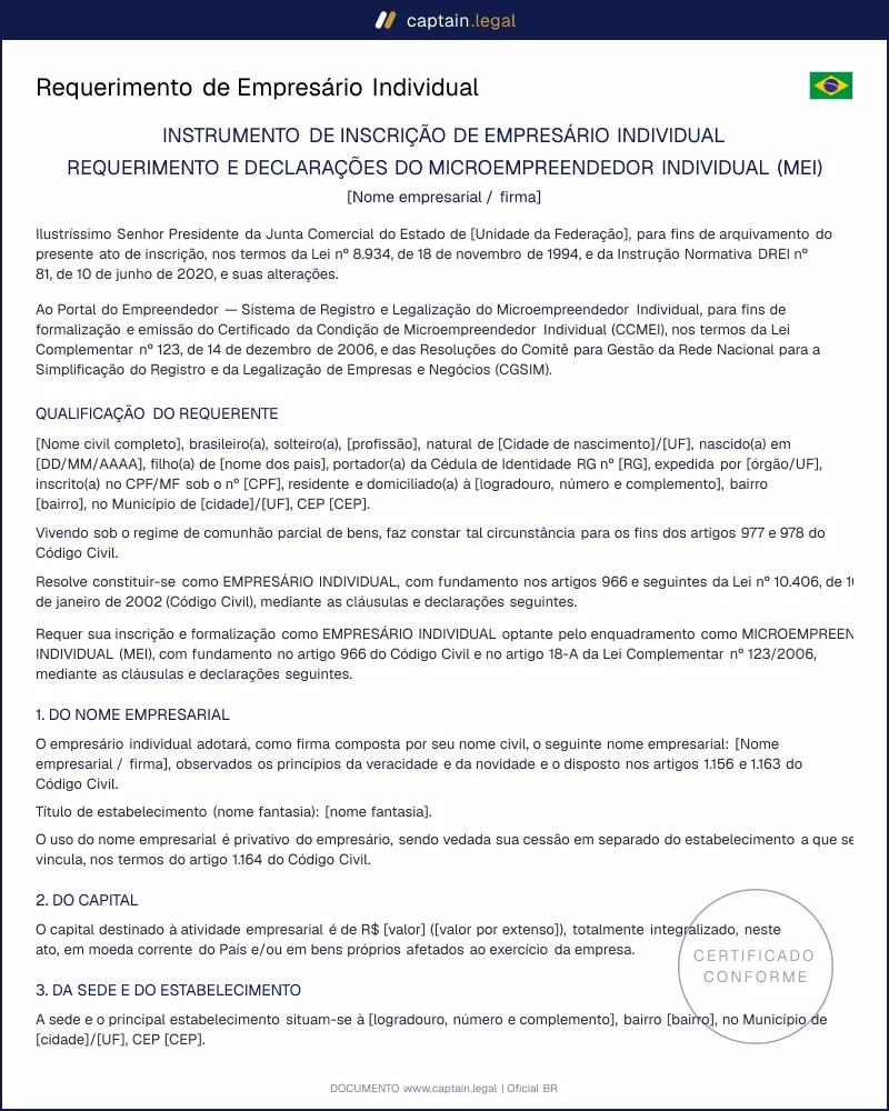 Requerimento de Empresário Individual (art. 968 CC): modelo