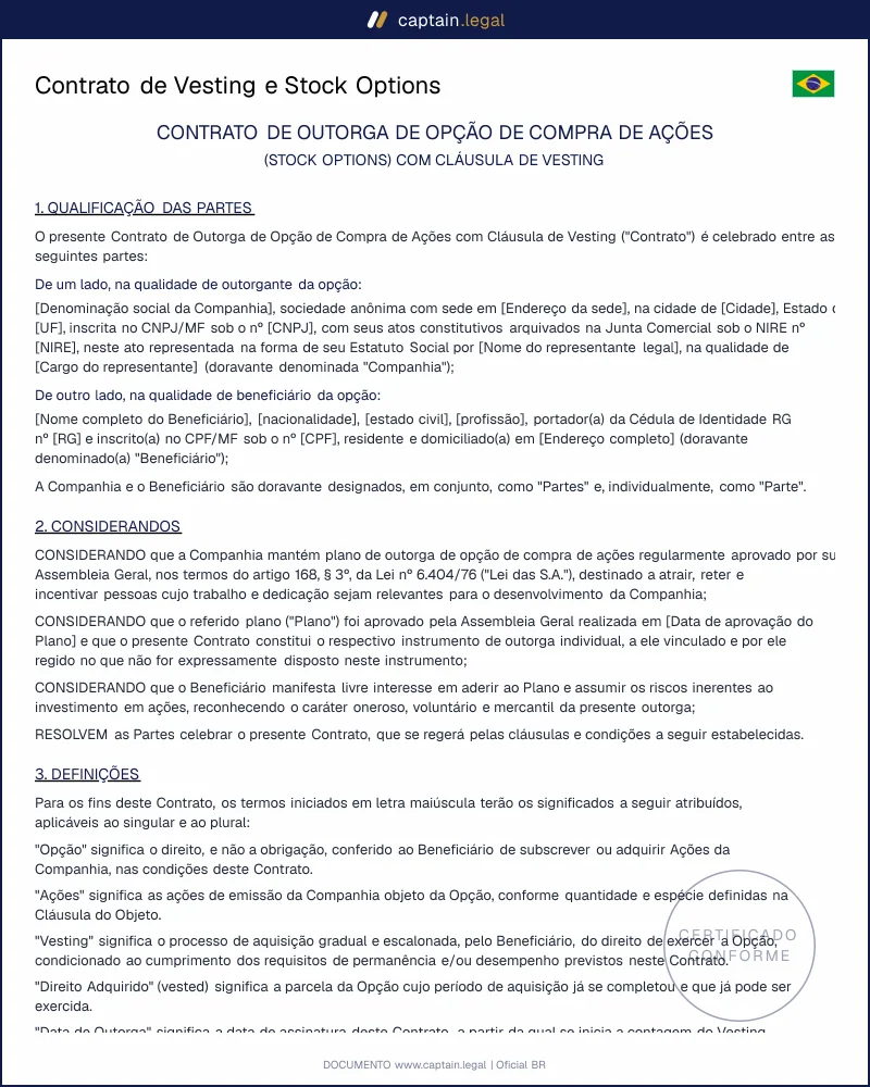 Contrato de Vesting conforme Lei 6.404/76 e STJ