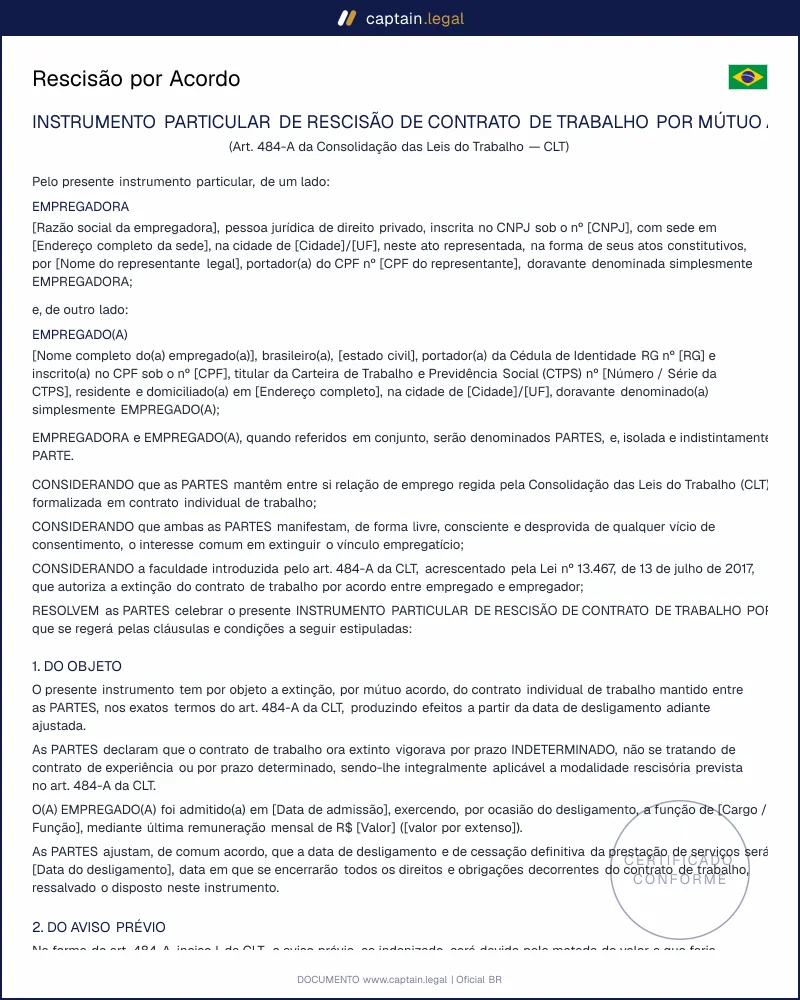 Rescisão por Acordo Art. 484-A da CLT: Modelo