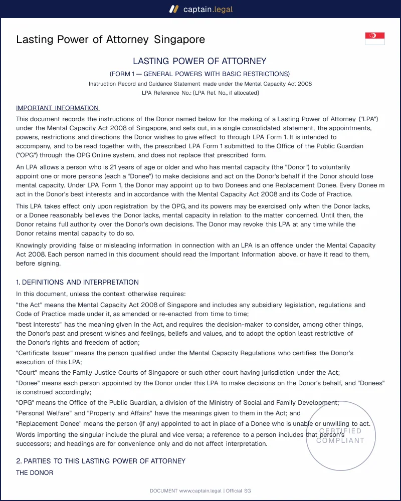 Lasting Power of Attorney Singapore (MCA 2008, Form 1)