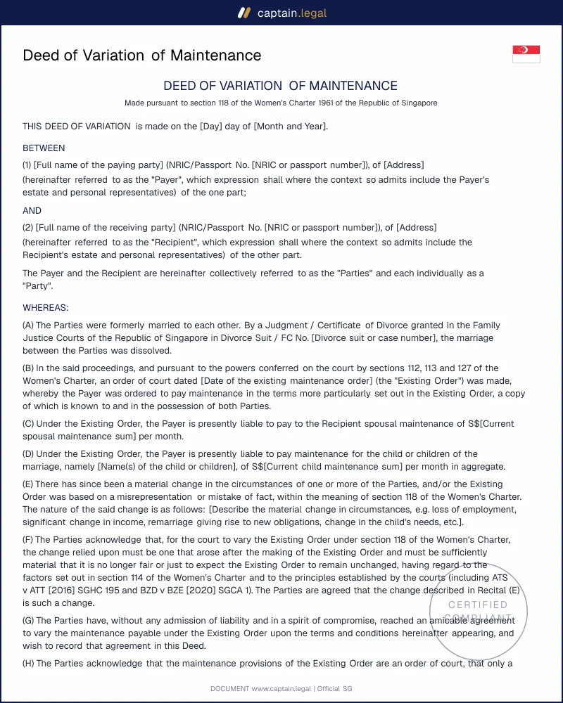 Deed of Variation of Maintenance (s.118 WC)