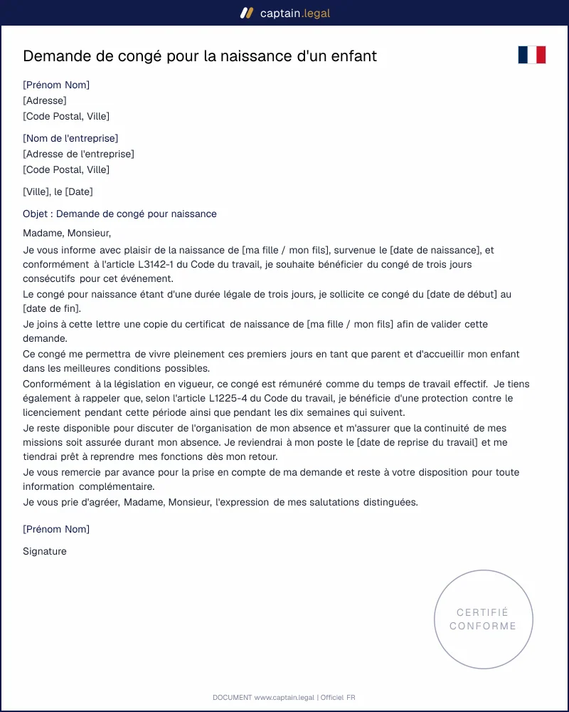 Demande de congé pour la naissance d'un enfant