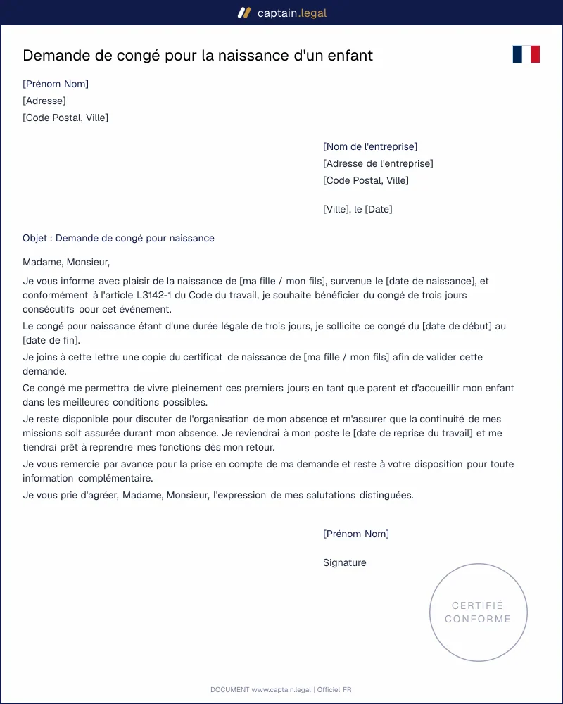 Demande de congé pour la naissance d'un enfant