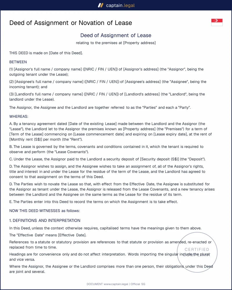 Lease Assignment & Novation Deed Singapore (CLPA 1886)