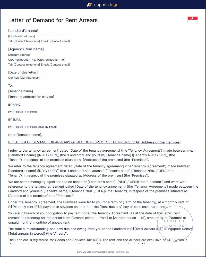 Letter of Demand for Rent Arrears (Distress Act 1934)