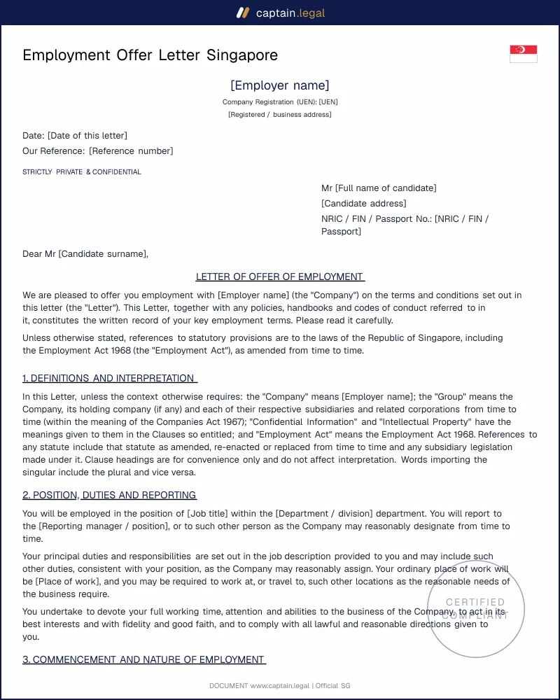 Employment Offer Letter Singapore | Employment Act 1968