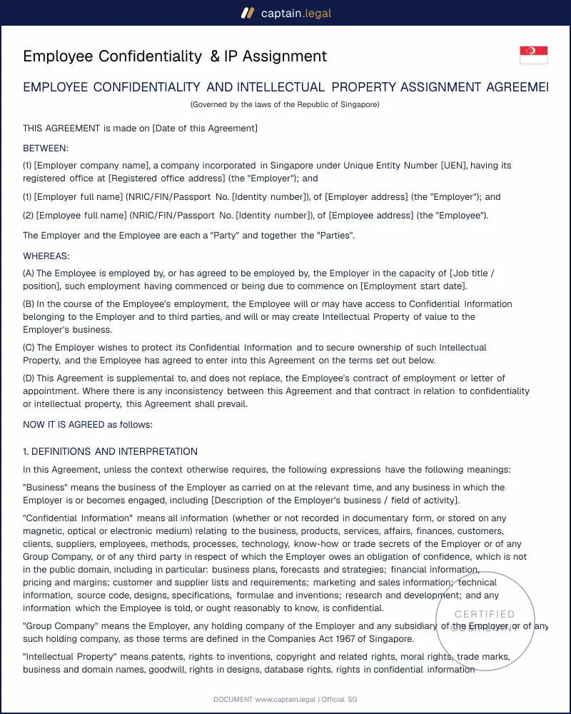 Employee IP Assignment Agreement Singapore (s.138 CA)