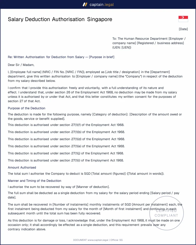 Salary Deduction Authorisation Singapore | Employment Act