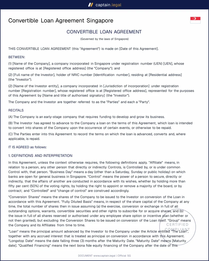 Convertible Loan Agreement Singapore | Companies Act 1967
