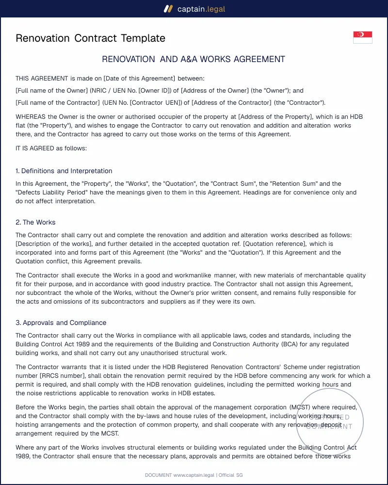 Renovation Contract Template SG in Word and PDF