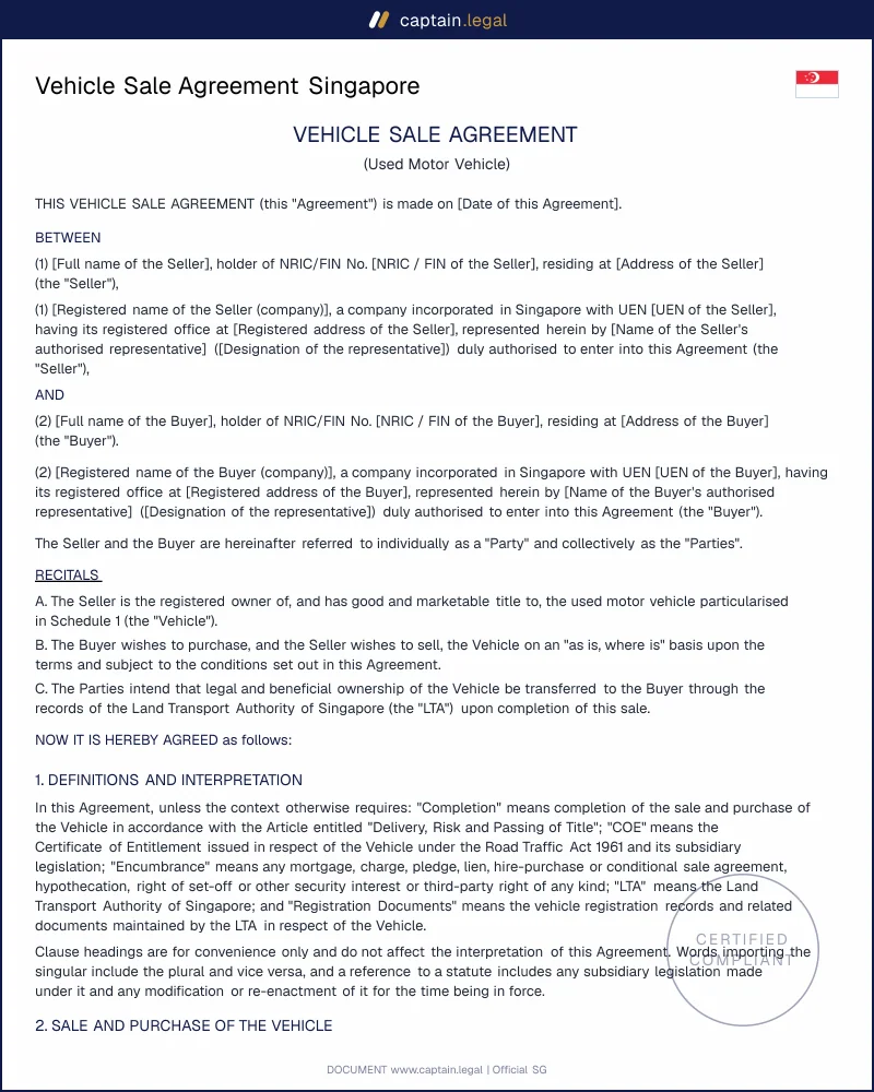 Vehicle Sale Agreement Singapore | Sale of Goods Act