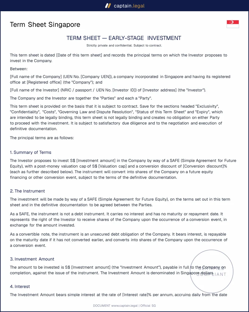 SAFE & Note Term Sheet Template, Word and PDF
