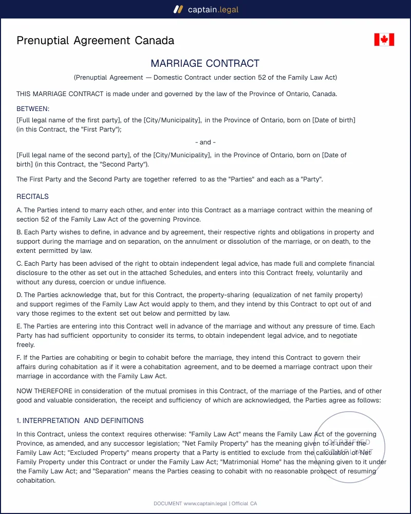 Prenuptial Agreement Canada | Family Law Act s.52