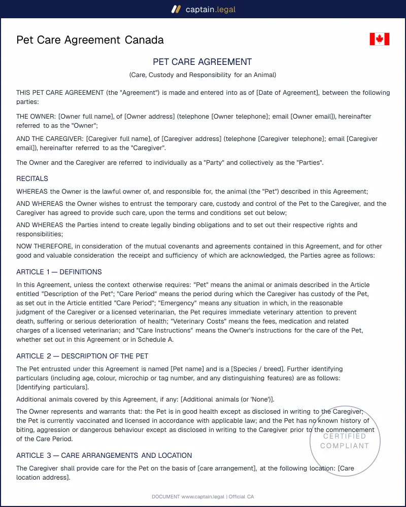 Pet Care Agreement Canada | Bailment Law Compliant