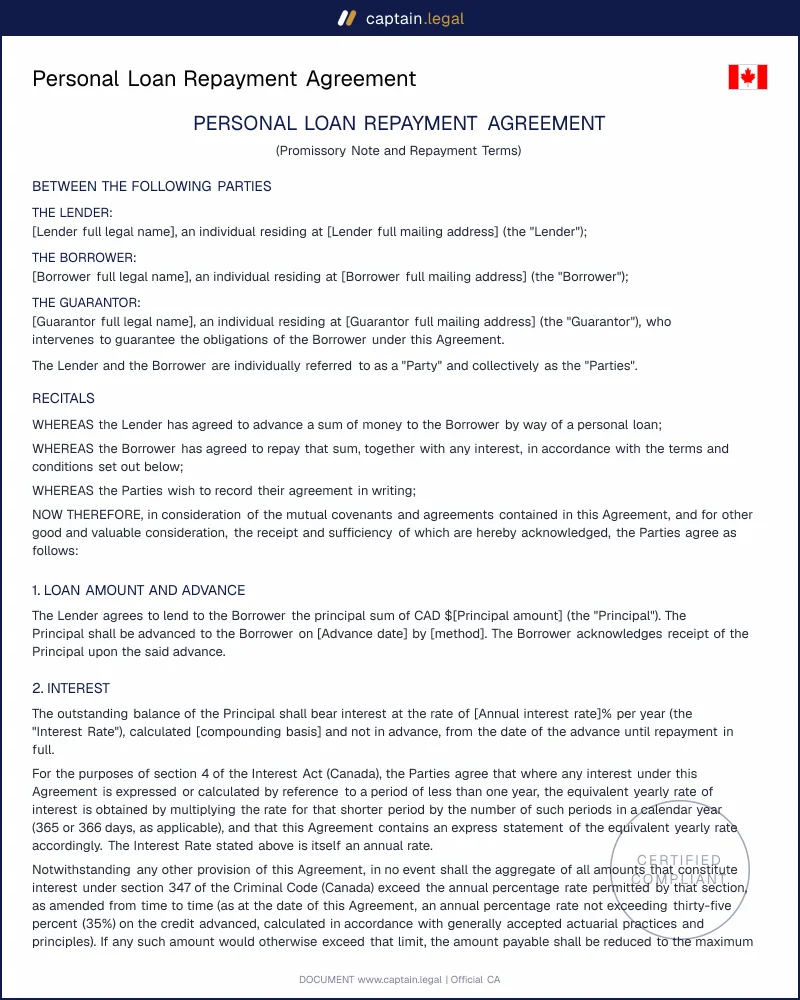 Personal Loan Repayment Agreement | Criminal Code s.347
