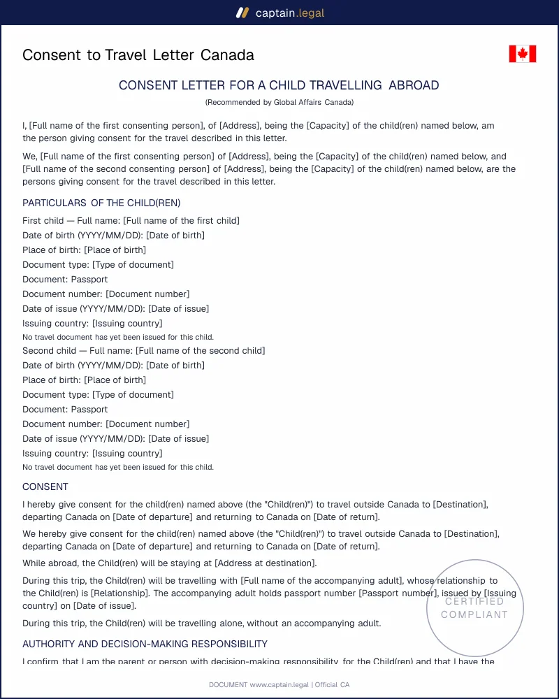 Consent to Travel Letter Canada | Global Affairs Format