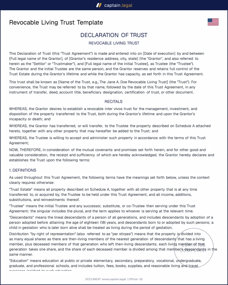 Revocable Living Trust Template — UTC §602 Compliant