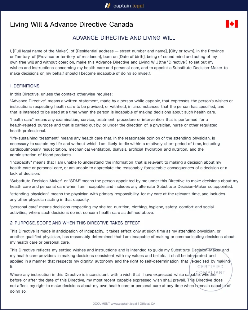 Living Will Canada: Health Care Consent Act Template