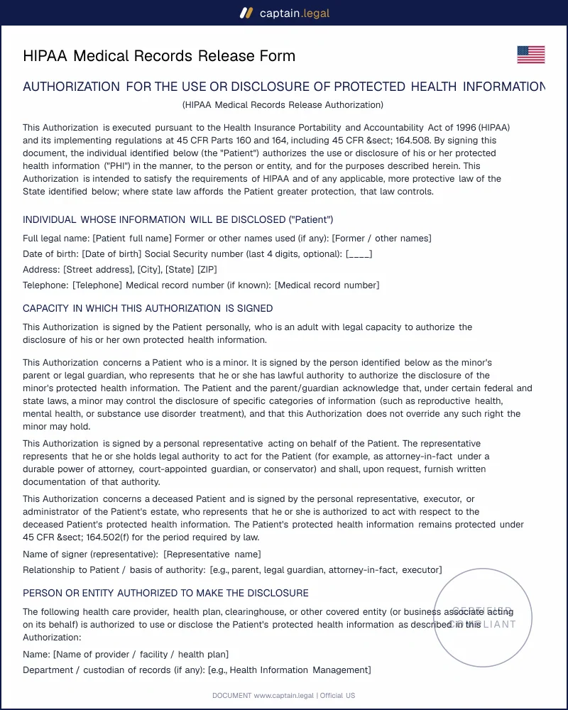 HIPAA Authorization for Release of Medical Records