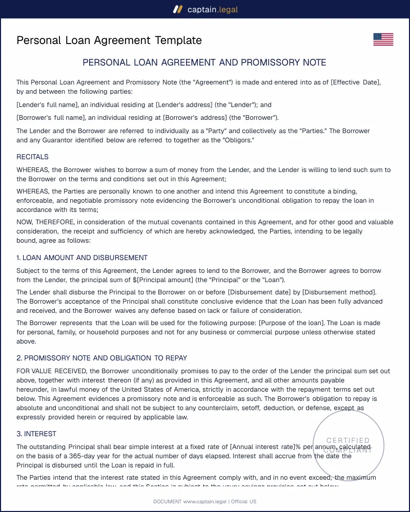Personal Loan Agreement | State Usury Compliant