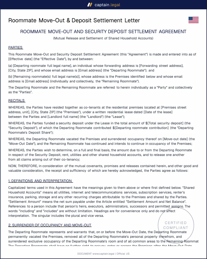 Roommate Deposit Settlement Letter | 50-State Template