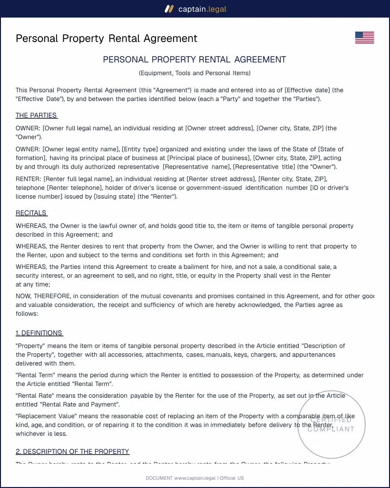 Personal Property Rental Agreement | UCC 2A-Compliant
