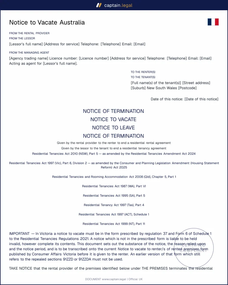 Notice to Vacate Australia | Residential Tenancies Act