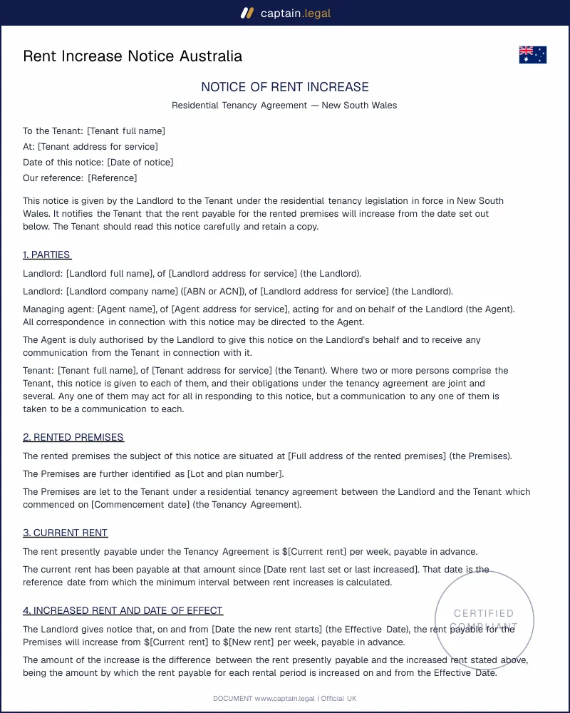 Rent Increase Notice Australia | s.44 RTA 1997 Compliant