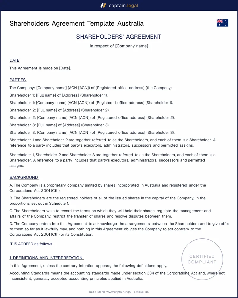 Shareholders Agreement (Pty Ltd) | Corporations Act 2001