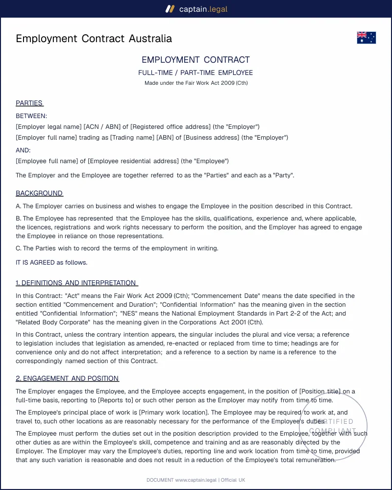 Employment Contract Australia | Fair Work Act 2009