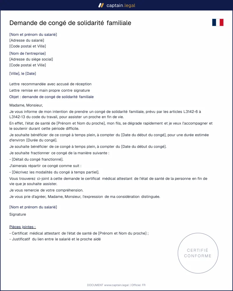 Demande de congé de solidarité familiale à l'employeur