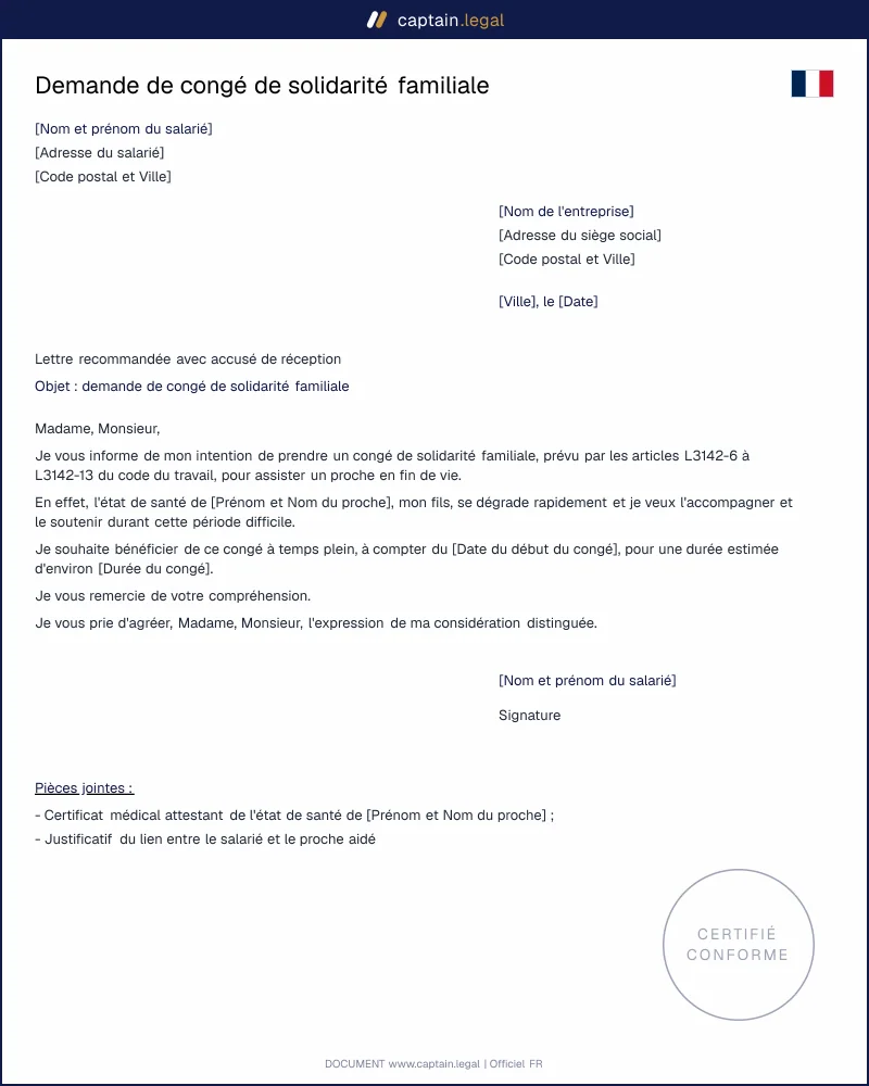 Demande de congé de solidarité familiale à l'employeur