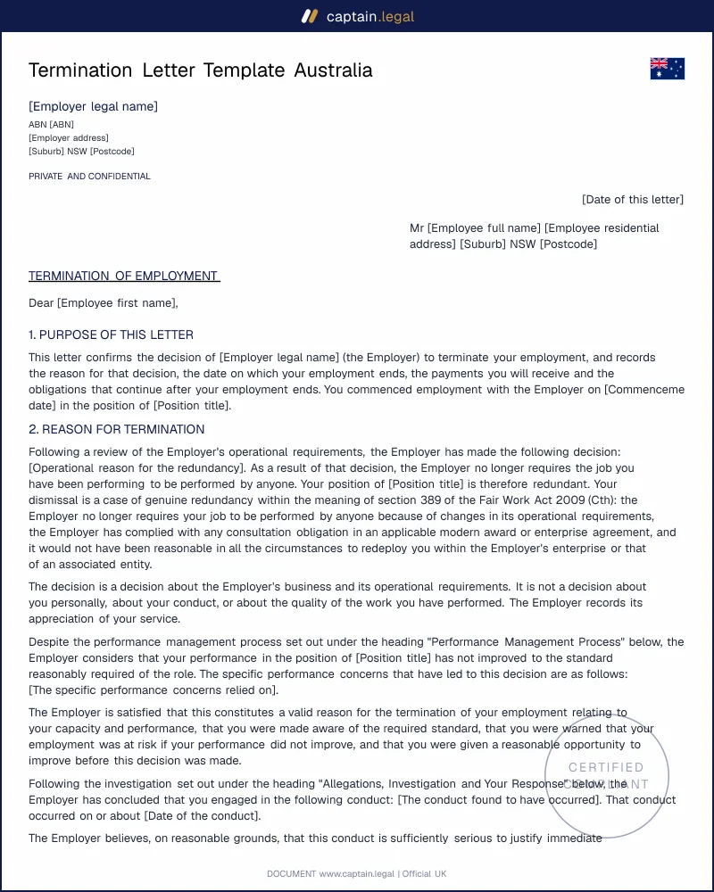 Termination Letter Pack | s.119 Fair Work Act 2009