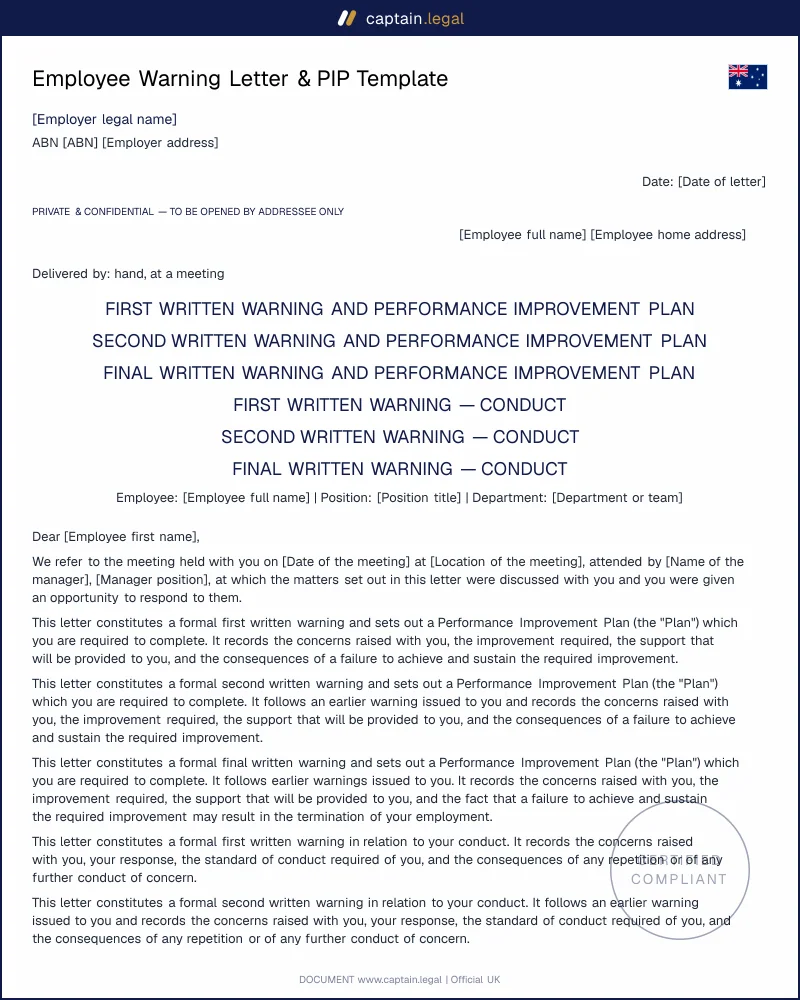 Employee Warning Letter & PIP | s.387 Fair Work Act