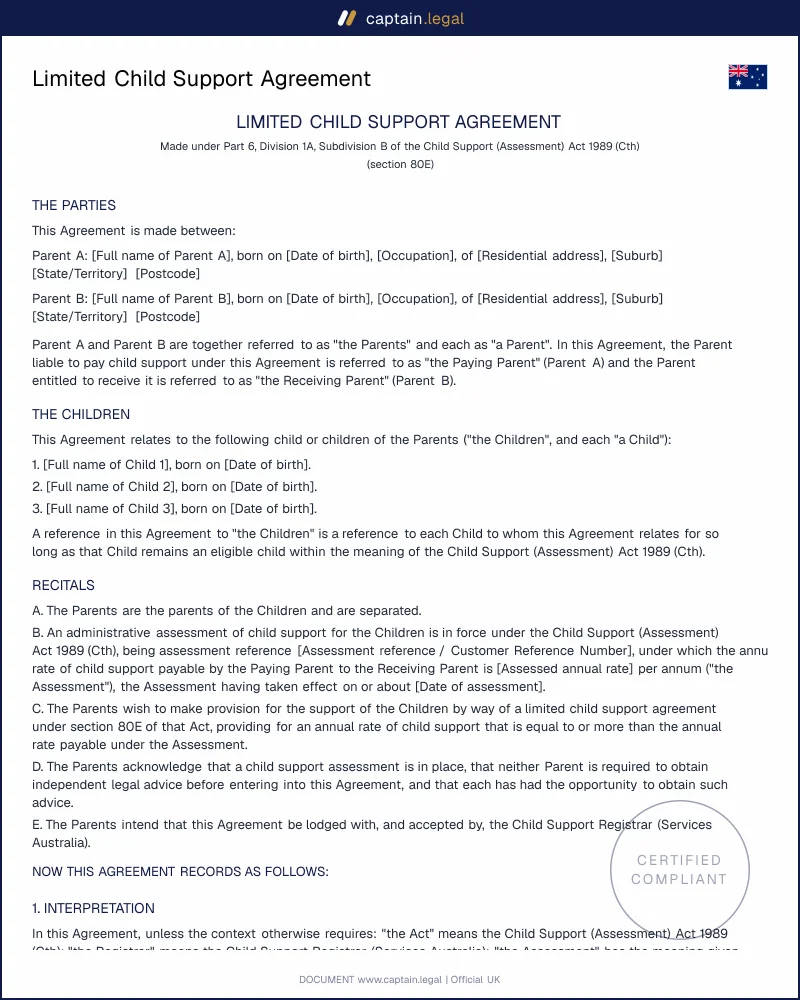 Limited Child Support Agreement | Child Support Act 1989