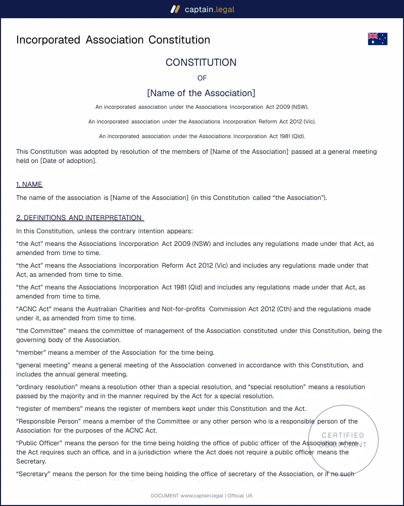 Incorporated Association Constitution | ACNC Compliant