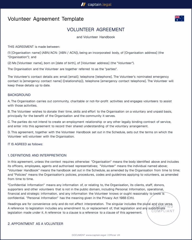 Volunteer Agreement Template | Fair Work Act 2009