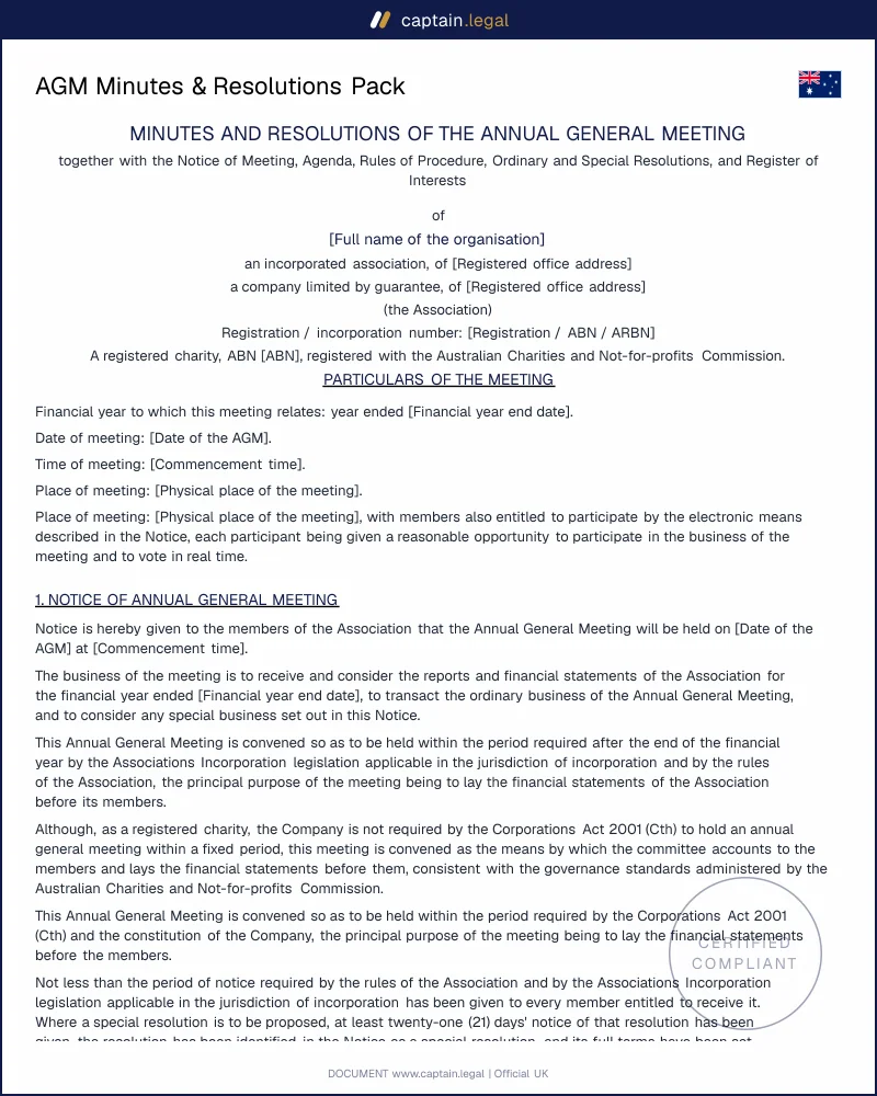 AGM Minutes & Resolutions Pack | Associations Act & ACNC