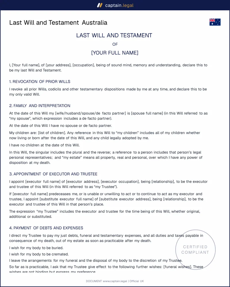 Australian Will Template | Succession Act Compliant
