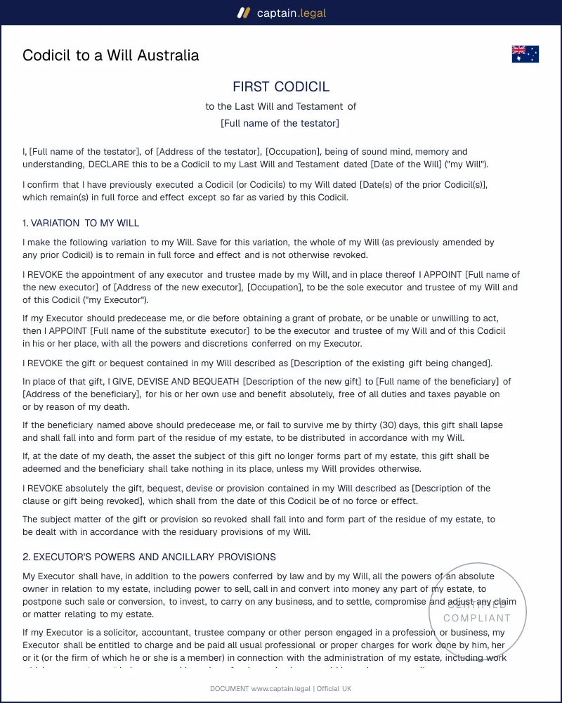 Codicil Template Australia | Succession Act Compliant
