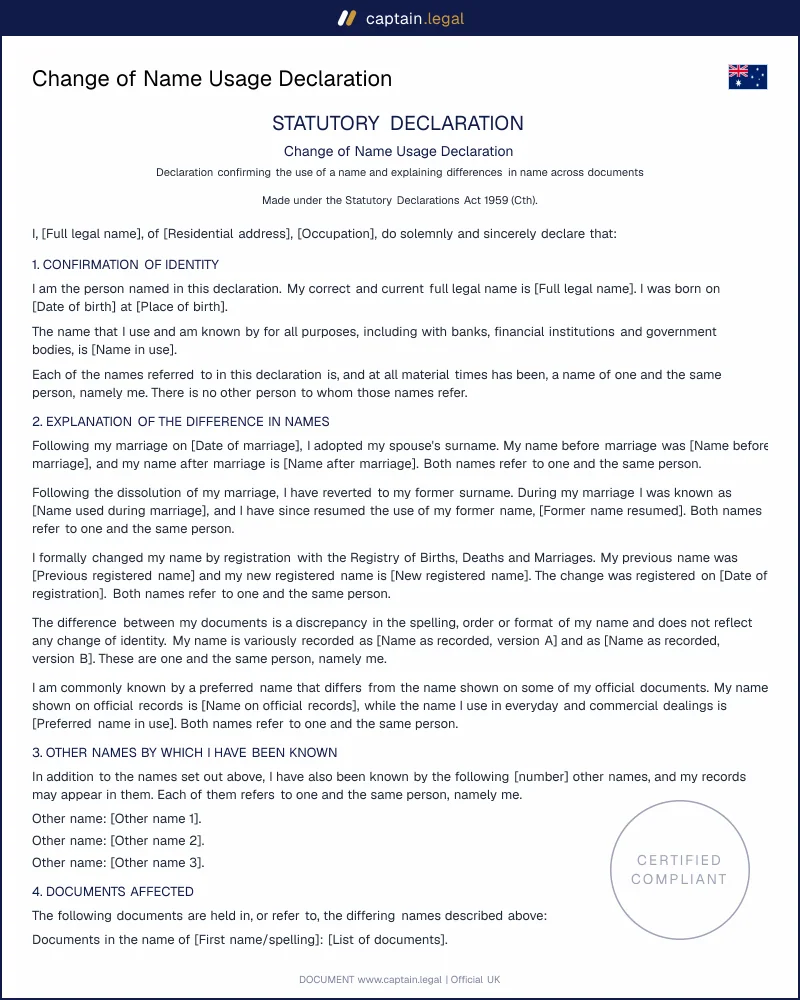 Change of Name Usage Declaration Australia (Cth 1959)