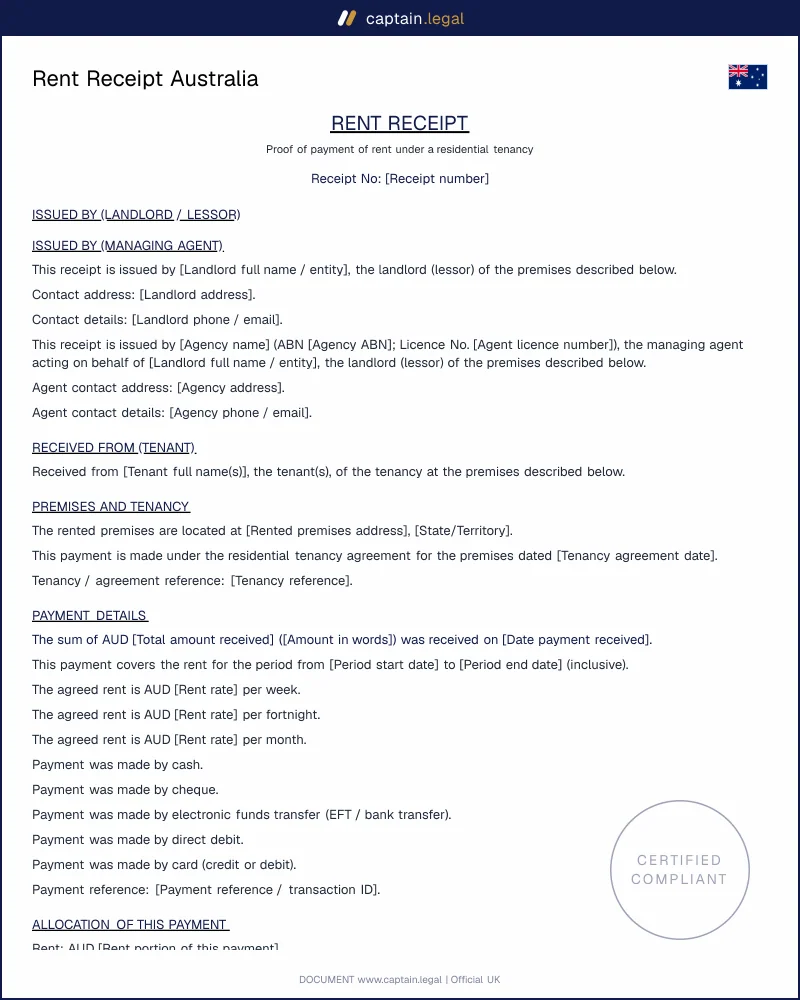 Rent Receipt Template Australia | RTA Compliant