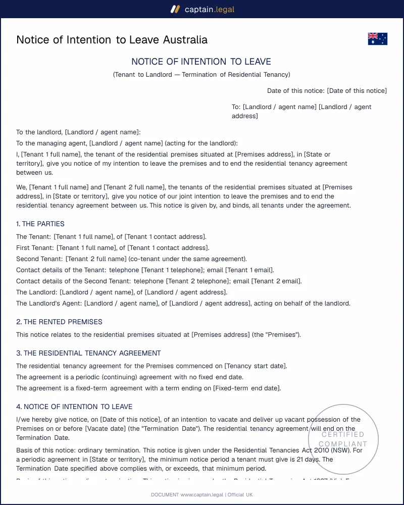 Notice of Intention to Leave | Residential Tenancies Act