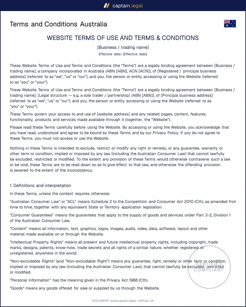 Terms and Conditions Australia | Schedule 2 CCA 2010