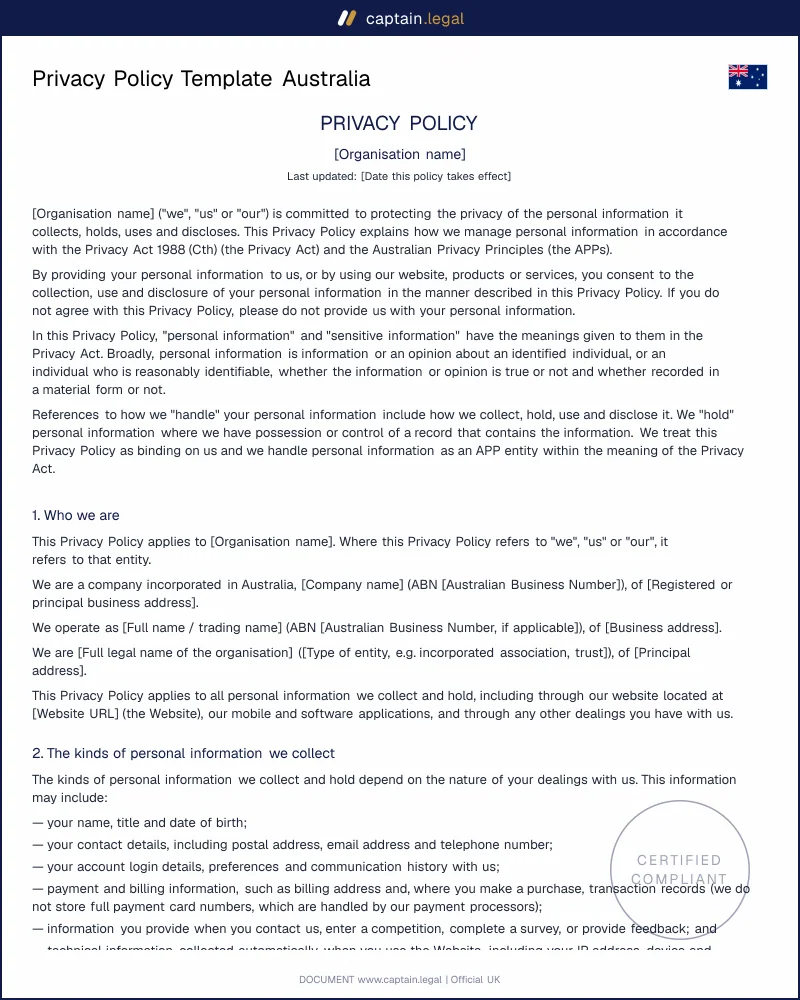 Privacy Policy Australia | Privacy Act 1988 & APP 1